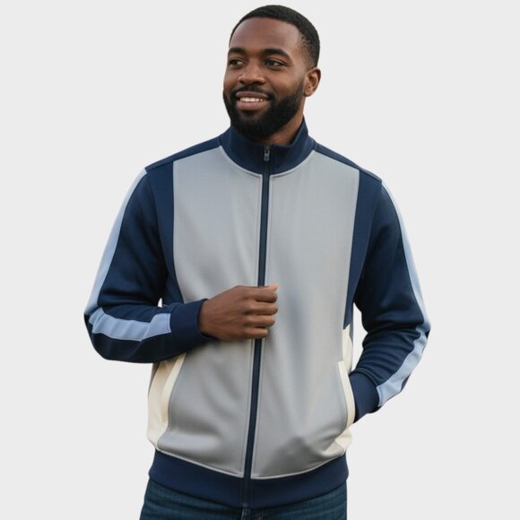 GSTQ Knit Track Jacket Mens XL Blue Gray Colorblock Full Zip Athletic Portugal - Picture 1 of 15